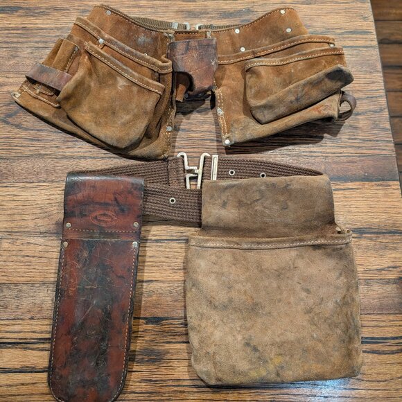 Lot of (2) Vintage Heavy Cowhide and Leather Tool/Carpenter/Fence Builder Belts - Picture 1 of 10